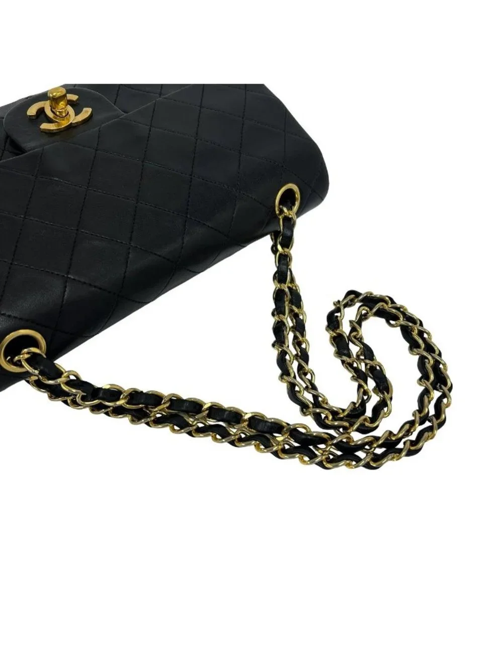 Chanel 2 Quilted CC Logo Double Flap Lambskin Leather Chain Shoulder Bag Black